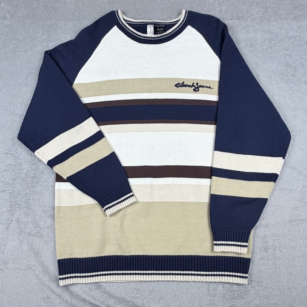 Vintage Clench Jeans Striped Knit Sweater Mens Large Navy Blue White Tan 90s